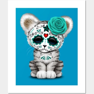 Blue Day of the Dead Sugar Skull White Tiger Cub Posters and Art